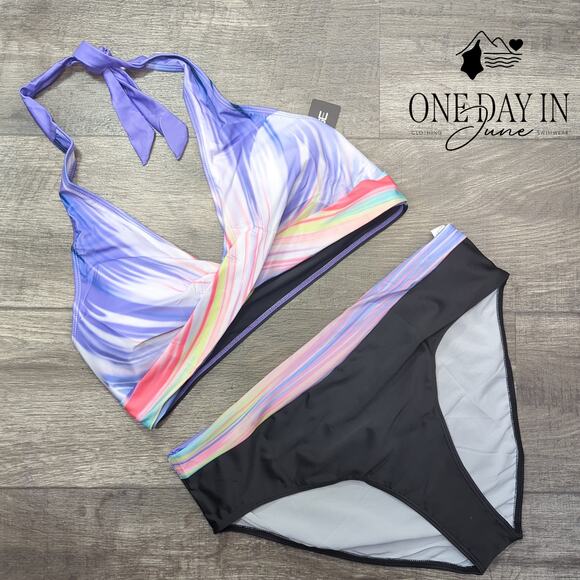 Aimage Plus Size Cross Front Halter Bikini Swimsuit Size 2XL - Picture 2 of 6